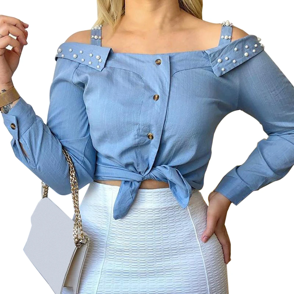 Женские блузки с открытыми плечами украшенные бисером узелками длинным рукавом