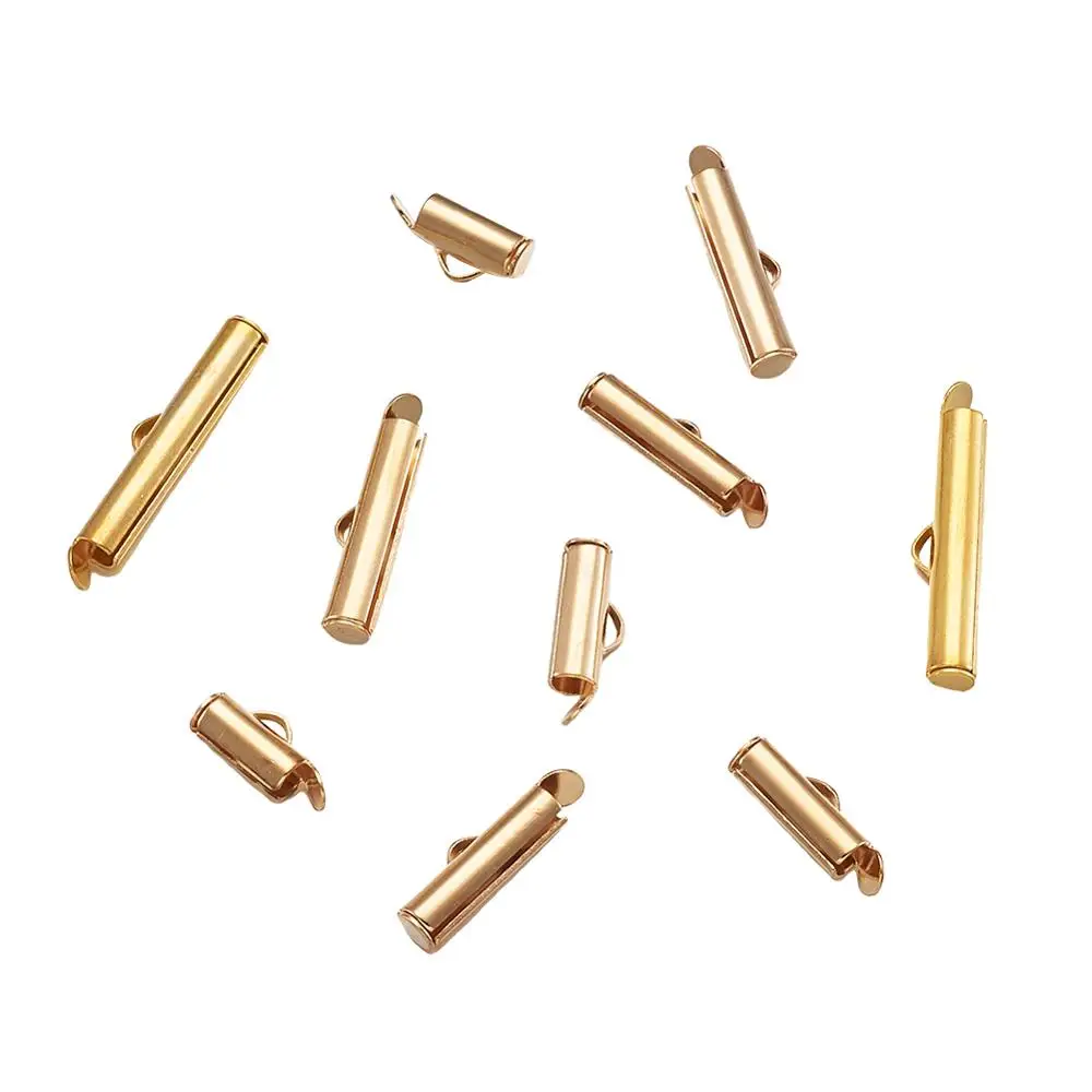 

100pcs/set 10/13/16/20/25mm Golden Brass Slide On End Clasp Tube Sliders End Caps Connector Clasps Buckles for Beadwork Cylinder
