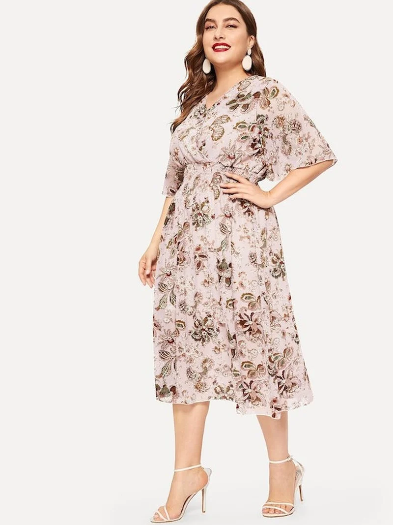 

Lente en herfst vrouwen размера плюс bloemen v-hals chiffon tische taille casual