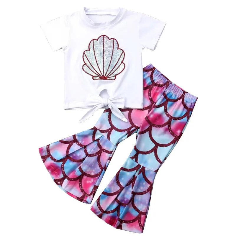 Летняя детская одежда для девочек футболка с рисунком раковины штаны широкими