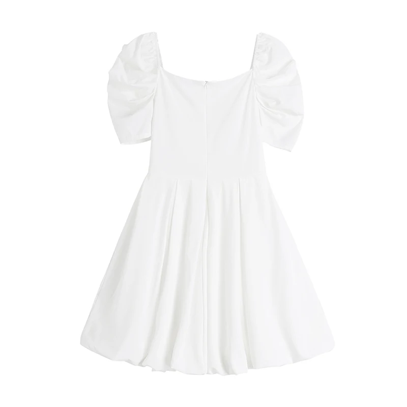 

2021 Summer Women High Waist Short Sleeve Mini Dress Korean Vintage Elegant Square Collar Short Puff Sleeve Casual Female Dress
