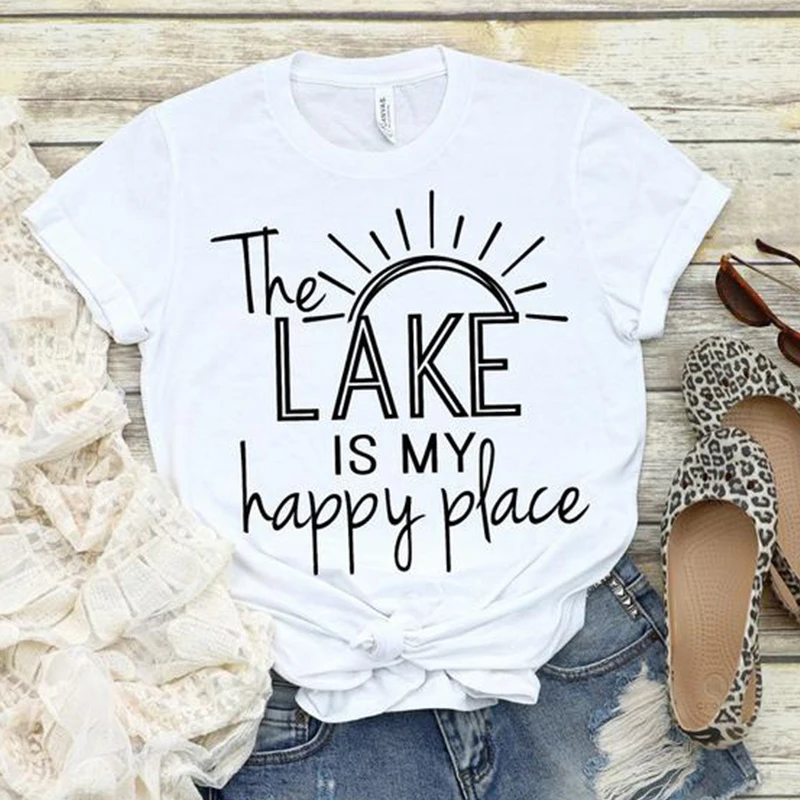 

The Lake Is My Happy Place Women T Shirts Sunshine Graphic Tshirts Summer Fashion Vacation Clothes Outdoor Shirts Dropshipping