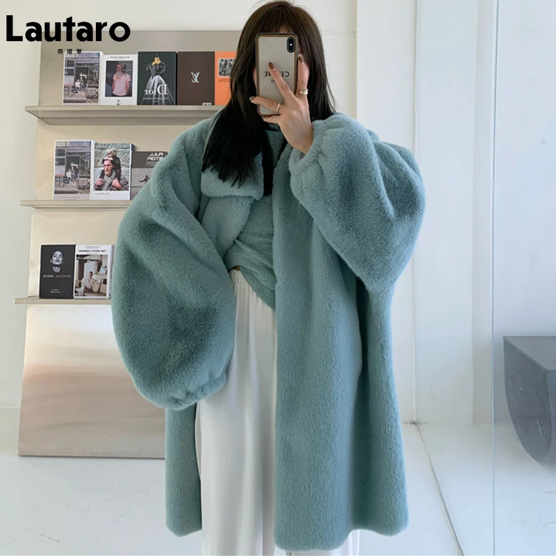 Lautaro Winter Long Oversized Warm Soft Fluffy Faux Fur Coat Women Drop Shoulder Sleeve Casual Loose Korean Fashion 2021 | Женская