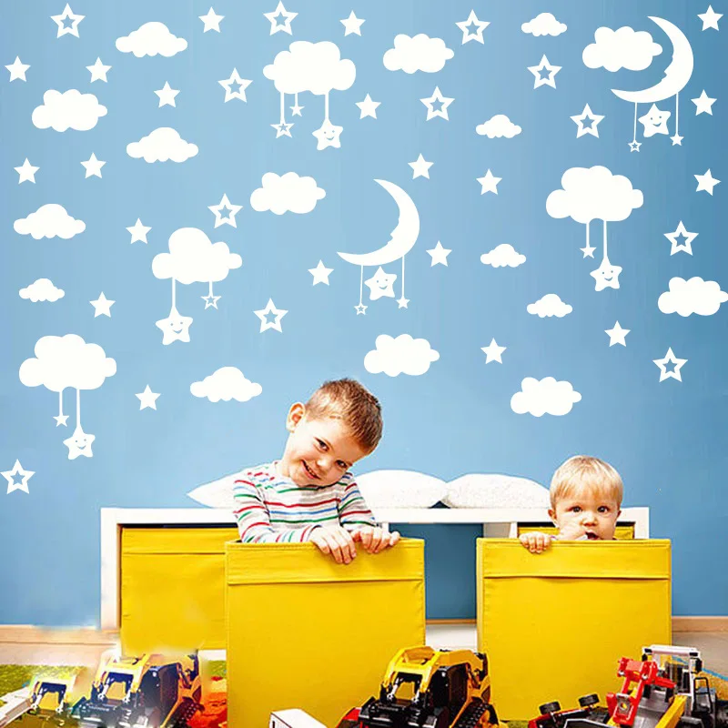 

Cartoon Wall Sticker For Kids Baby Rooms White Clouds Stars Moon Wallpaper Home Decor Living Room Self-adhesive DIY Art Mural