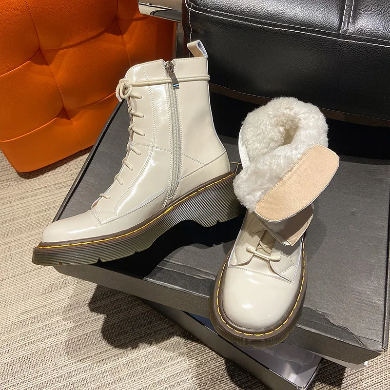 

Natural Wool Women Winter Boots Size 34~41 Warmest Genuine Leather Russian Style Women Snow Boots Lace Martin Boots