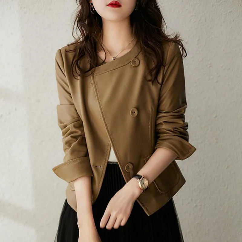 

Vintage Faux Pu Leather Jacket Women Elegant O-Neck Long Sleeve Single Breasted Short Coat 2021 Spring Casual Biker Outerwear