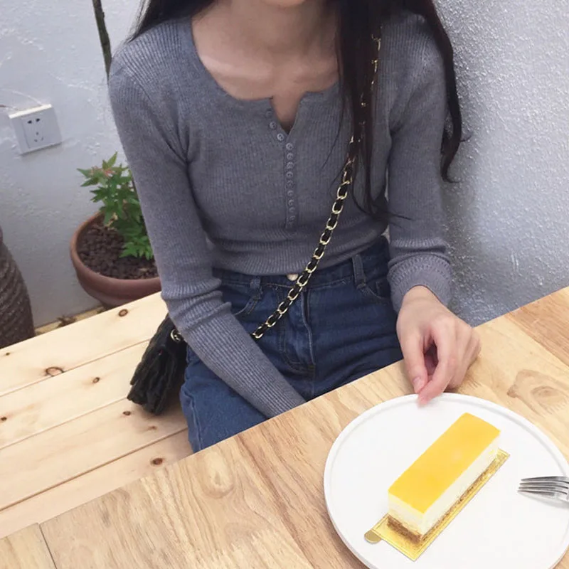 Fall Solid Cotton Women Sweater 2022 V-neck Long Sleeve Slim Elastic Pullover Chic Knit Bottoming Clothes 10305 | Женская одежда