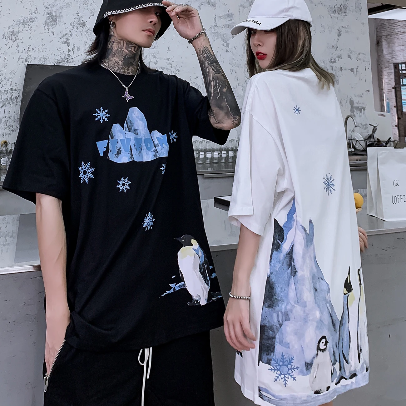 Футболка мужская с принтом пингвина и снежинки уличная одежда в стиле Харадзюку