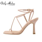 Шлепанцы женские Onlymaker, на высоком каблуке, матовые, розовые, с пряжкой на щиколотке, с узким перекрестным ремешком, свадебные, лето сандалии с квадратным носком