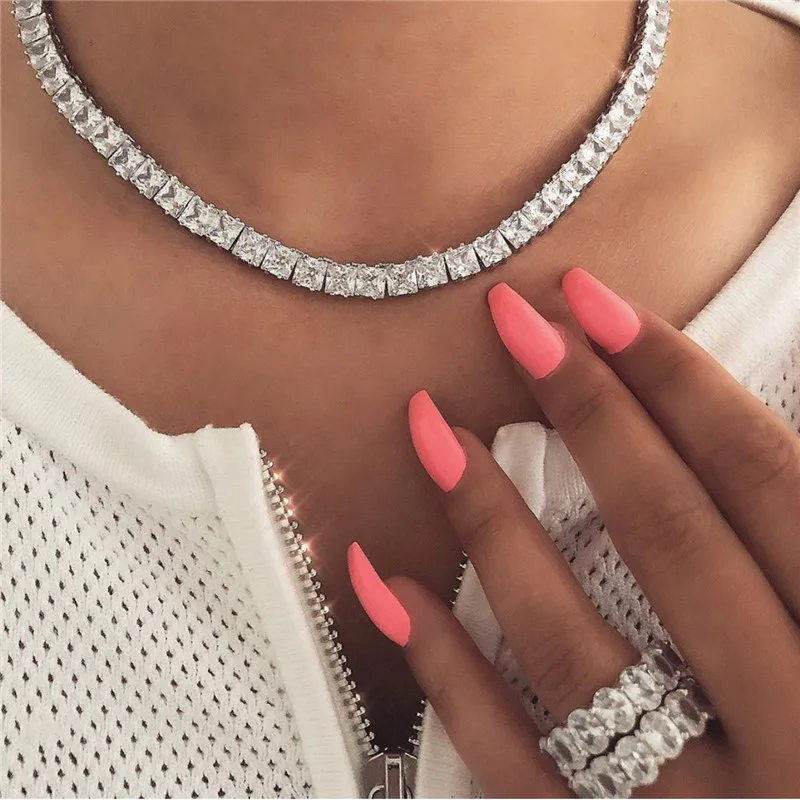 choucong Statement Tennis Necklace Princess Cut AAAAA Cz White Gold Filled choker Party Wedding for women men jewelry | Украшения и