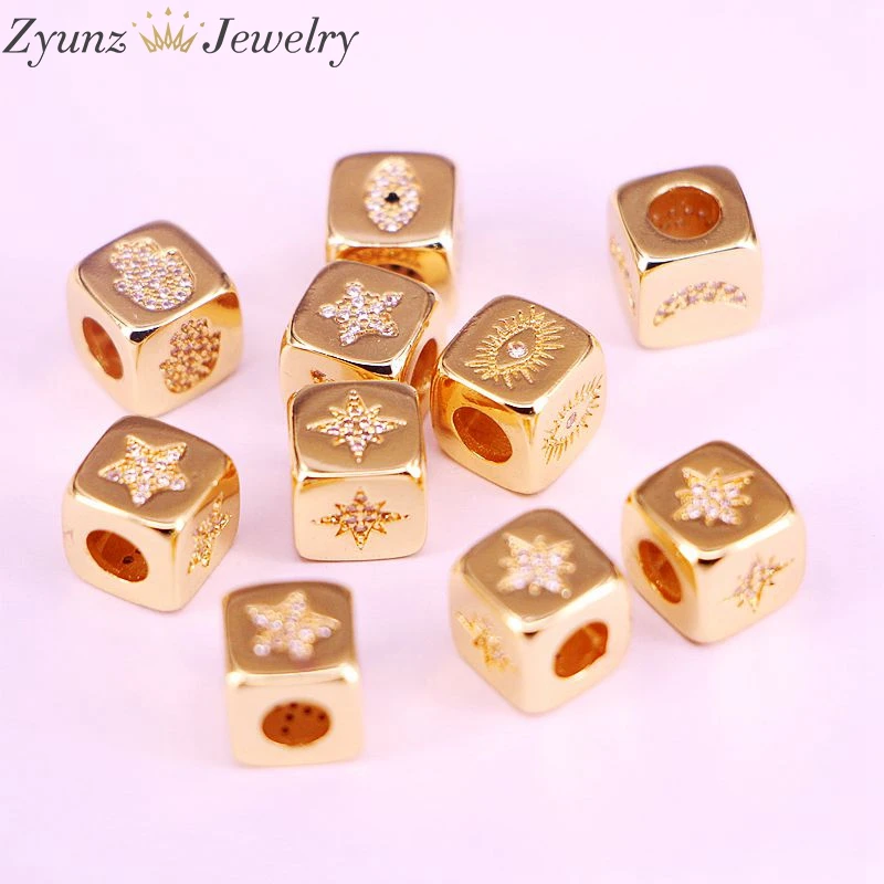 

10PCS, Gold Color Micro Pave CZ Star/Moon/Hamsa Hand/Eye Square Spacer Beads , Cubic Zirconia Cube Dice Beads, Accessories