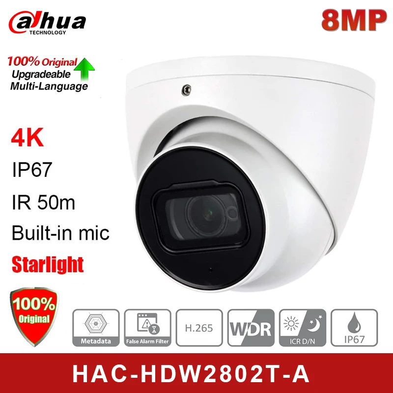 

4K Starlight HDCVI IR Eyeball Camera HAC-HDW2802T-Z-A Audio In Interface Built-in Mic 3.7-11mm Motorized Lens IR 60m