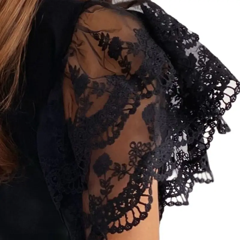 

Sexy solid Color summer women's Lace Short Sleeve T-Shirt, Casual Round Neck Top, Black And White, 2021,