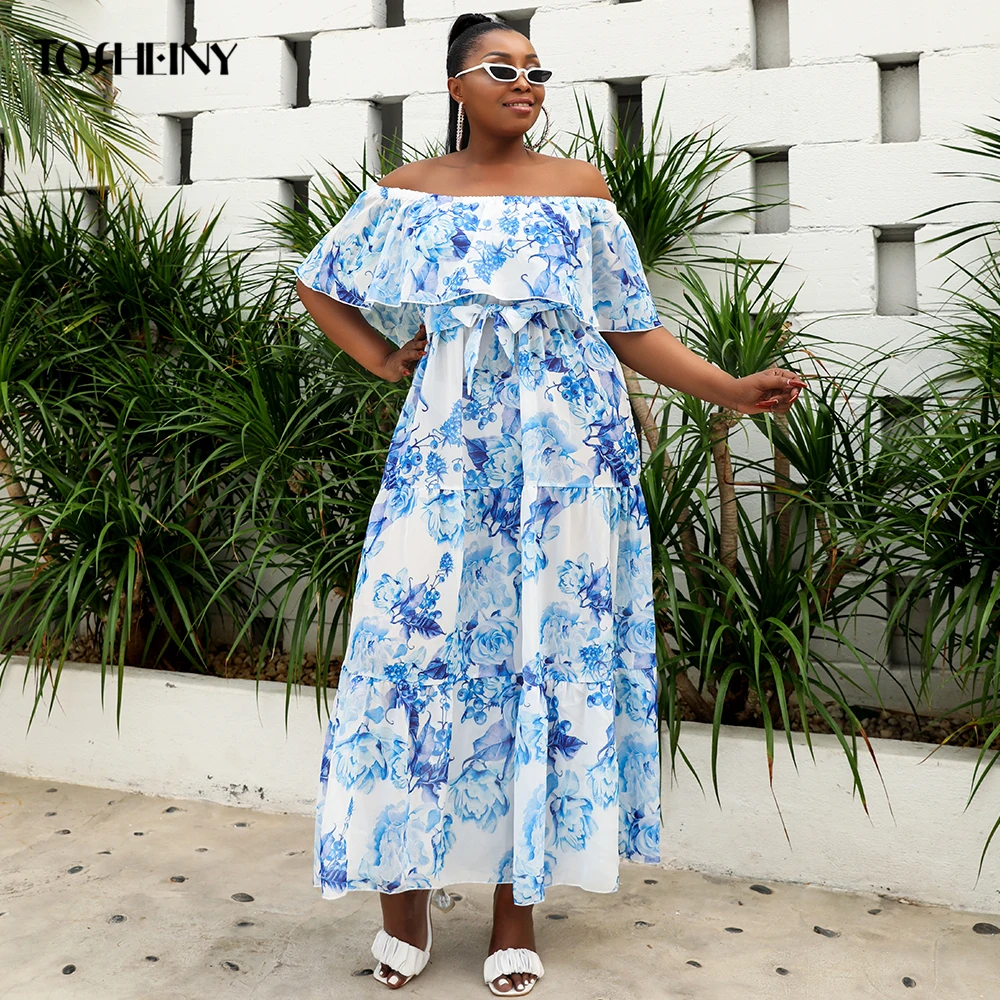 

Tosheiny 2021 Woman Summer Plus Size Dress Maxi Sexy Floral Print Off Shoulder Boho Long Vestidos Beach Party Elegant Curve Big