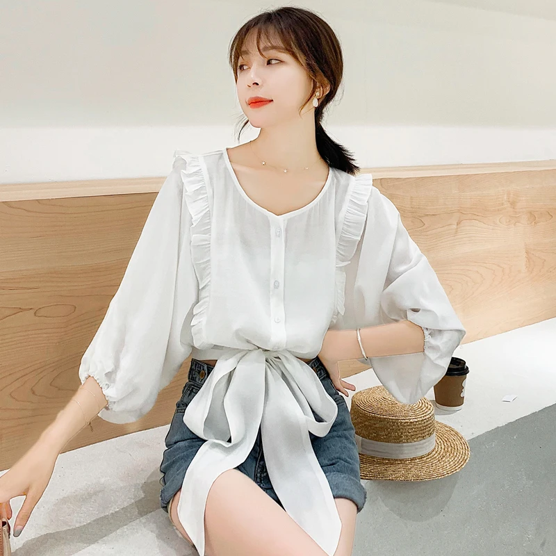 Рубашки с круглым вырезом на осень и лето новинка 2019 кружевная шифоновая блузка