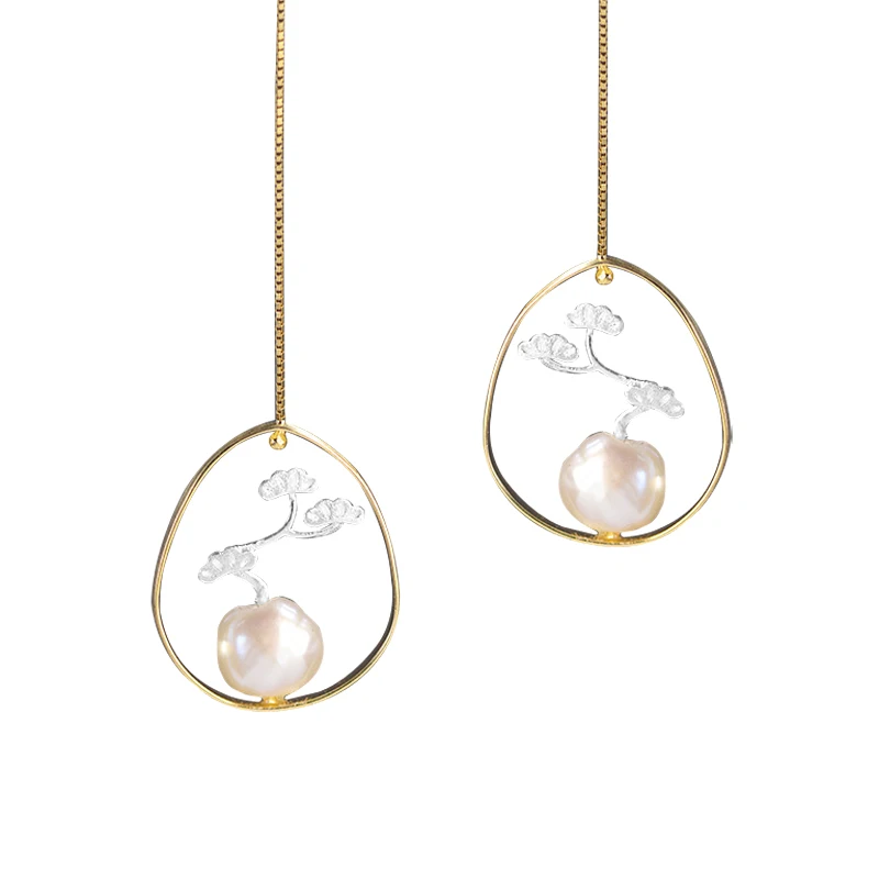 

Fanling natural Baroque Pearl cangran pine bonsai Earrings S925 silver square inch with profound artistic conception