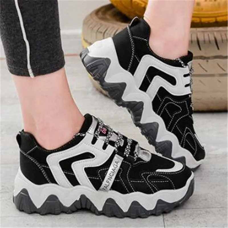

2020 Spring Women Chunky Sneakers Ulzzang Fashion Lace Up Dad Shoes Tenis Female Platform Casual Shoes Black Woman Trainers 5cm