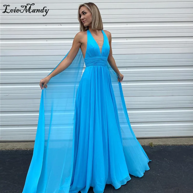 Turquoise Chiffon Prom Dresses Long Charming V-neck Evening 