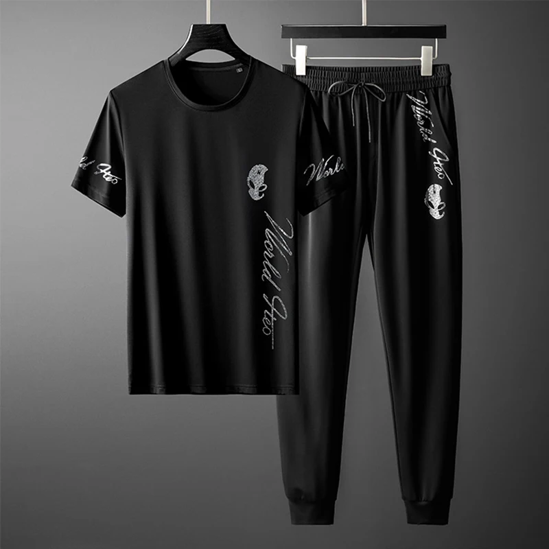 2021 spring/summer short-sleeved suit male brand handsome fashion letter hot drilling casual sports ice silk trousers 2piece set