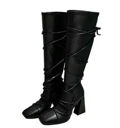 

Ins Hot Woman Fashion Square Toe Knee High Boots 9 cm Chunky Heels Cross Lace Up Thin Leg Slim Tube Long Boots Big Size 43