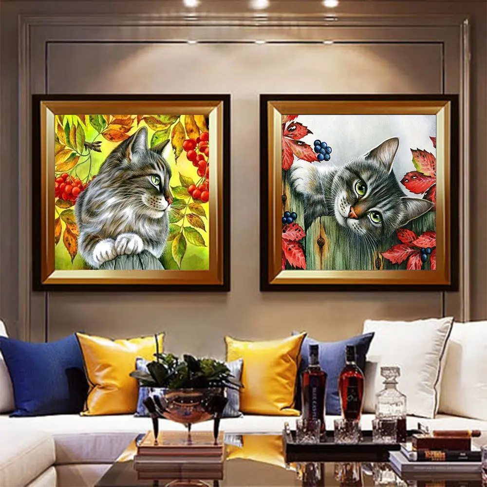 Алмазная живопись 5D с изображением кота фруктов Листьев ботанических животных