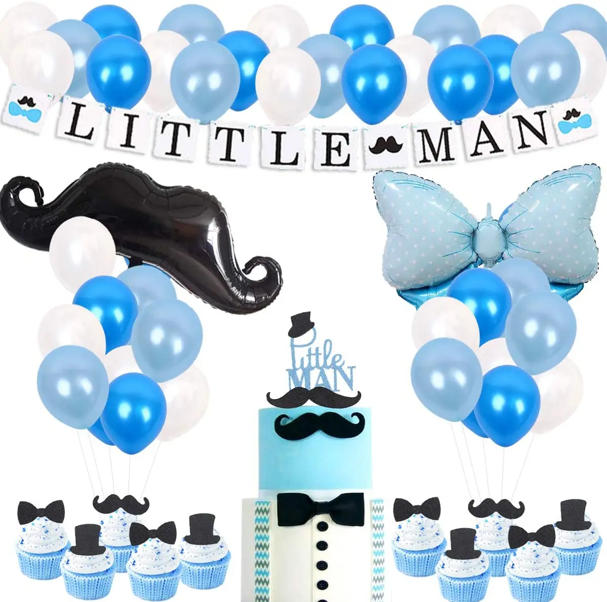 

Little Man Banner Baby Shower Decoration Mustache Bow tie Foil Balloon Cake Topper for Baby Boy Birthday Party Supplies