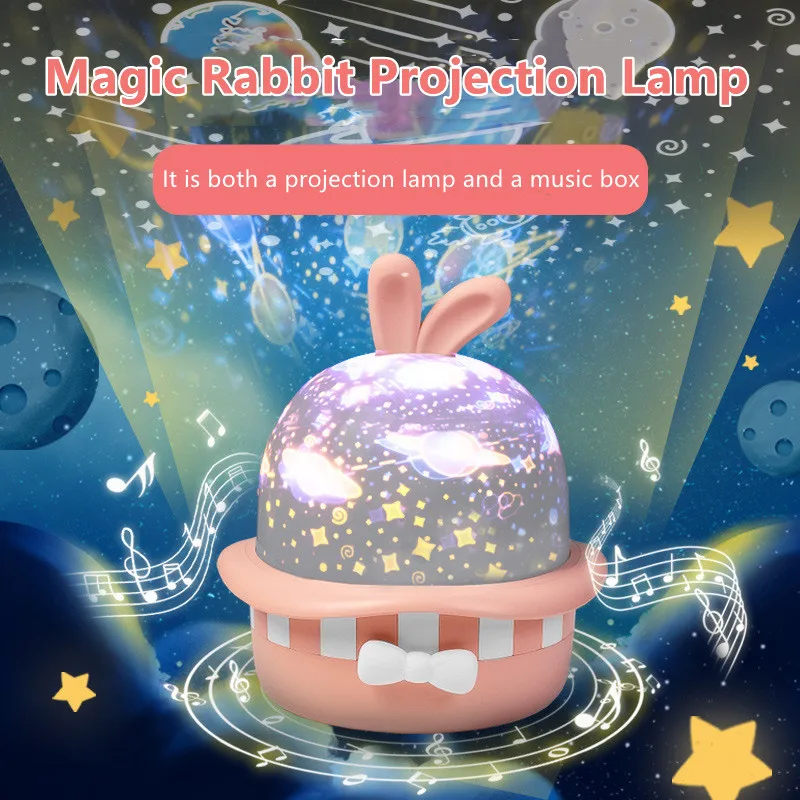 Magic Rabbit Projection Lamp USB Rechargeable Rotating Romantic Starry Sky Music Night Light Christmas Children's Birthday Gift