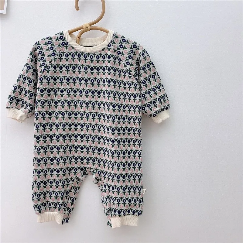 

Spring Newborn Baby Clothes Baby Girl Knitted Rompers Floral & Diamond Lattice Pattern Infant Kids Boys Jumpsuit 0-24m 2021 New
