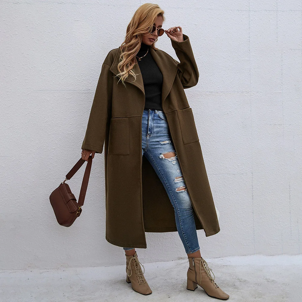 

2021 Autumn Winter New Fashion Women Overcoat Solid Color Casual Temperament Lapel Long Warm Long Sleeve Woolen Coat