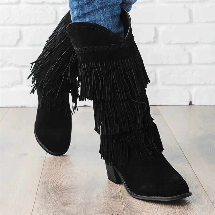 Женские повседневные полусапожки с бахромой в богемном стиле ботинки этническом