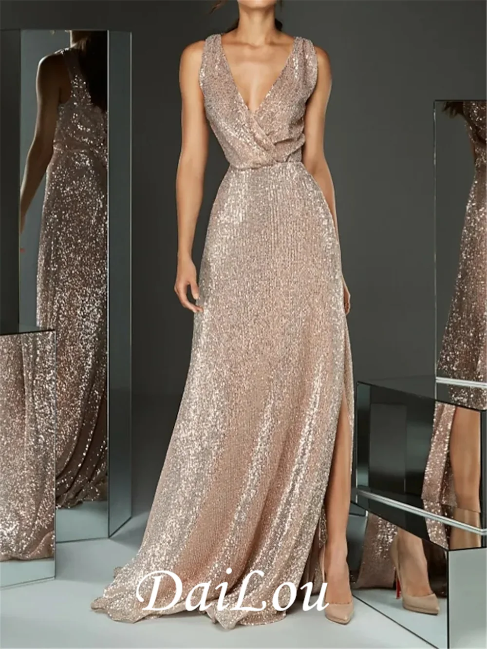 

A-Line Sparkle & Shine Formal Evening Dress Plunging Neck Sleeveless Sweep / Brush Train Sequined with Sequin Split Front 2021