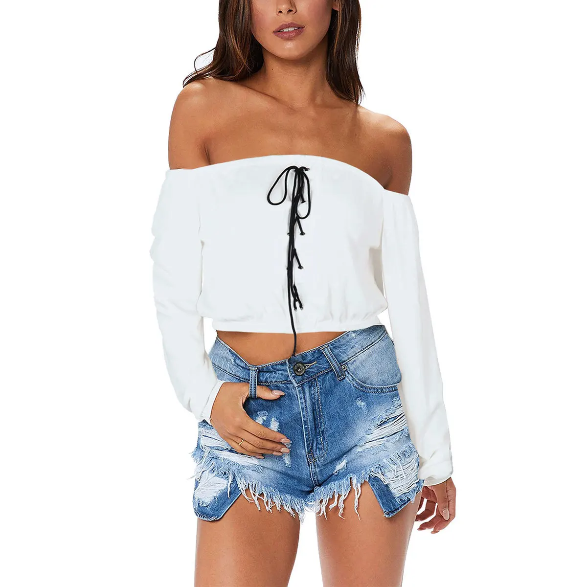 

2020 New Style SMT Bandage Cloth off-Shoulder Long Sleeve off-Shoulder Navel Wrap-around Sexy Vest T-shirt Coat