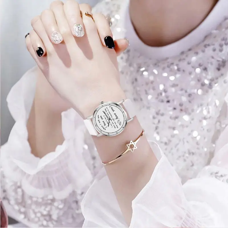 

Valentine Day Unisex Quartz Watch Leather Band I Love You Analog Wristwatch Casual Fashion