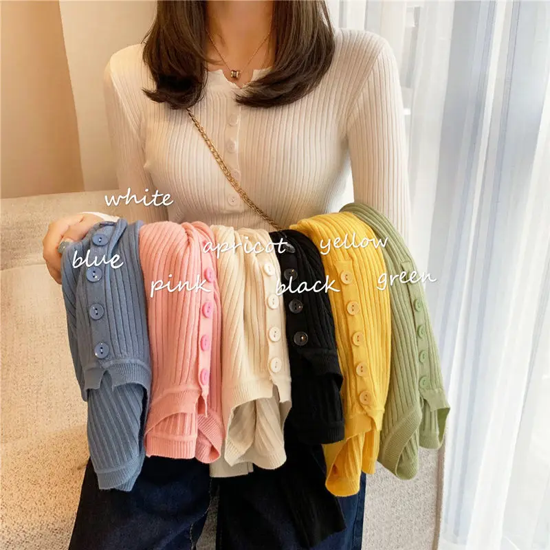 

2021 Basic V-neck Button Up Solid Autumn Winter Sweater Pullover Women Female Knitted Slim Long Sleeve Sweater Knitted Pullovers