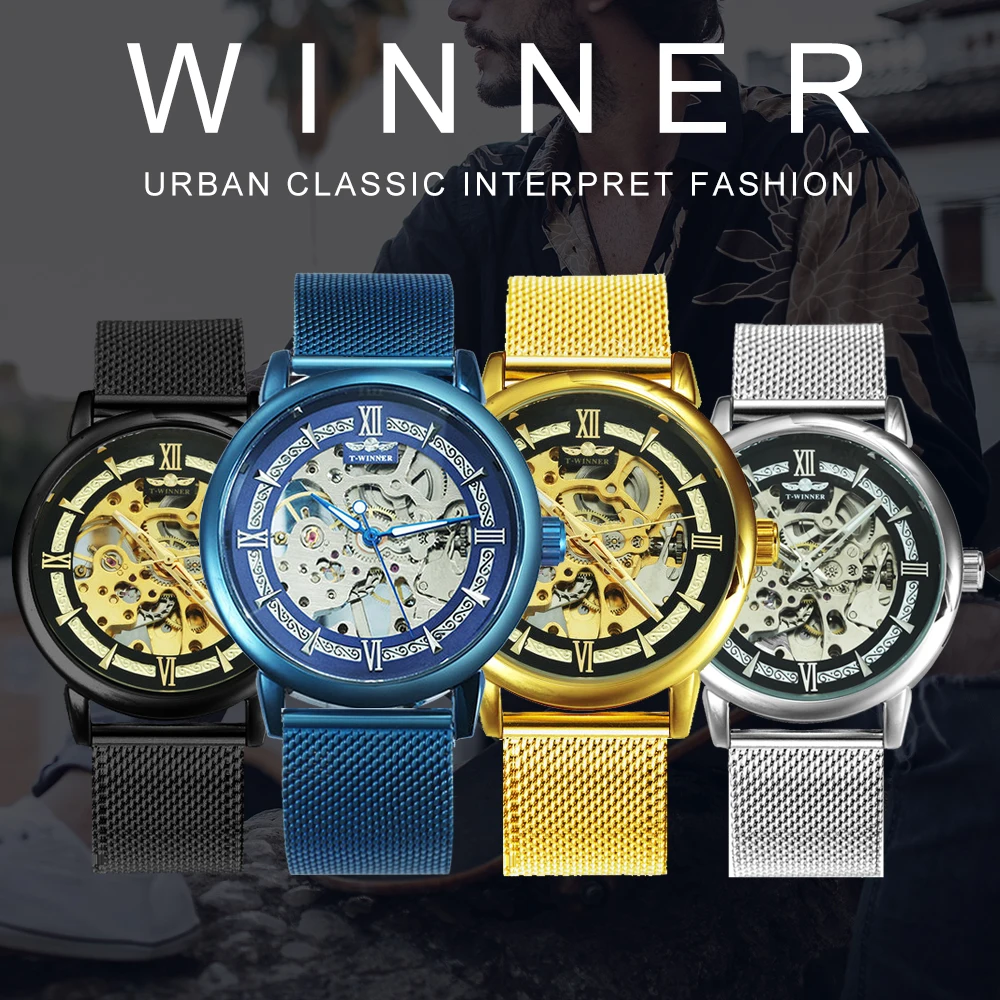 WINNER, новинка, мужские часы, скелет, механические, Move, для мужчин, t, ультра тонкий сетчатый ремешок, деловые мужские часы, Топ бренд, Роскошные Синие часы