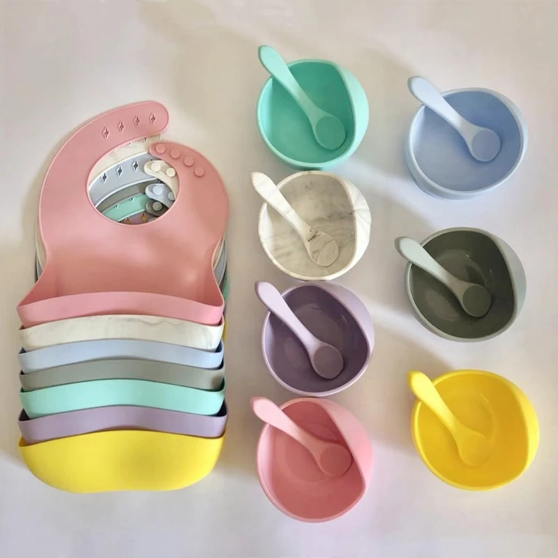 

3 Pcs Baby Bibs+Suction Dish Bowl Plate+Spoon Set Waterproof Food Grade Silicone Newborn Infants Adjustable Drooling Burp Aprons