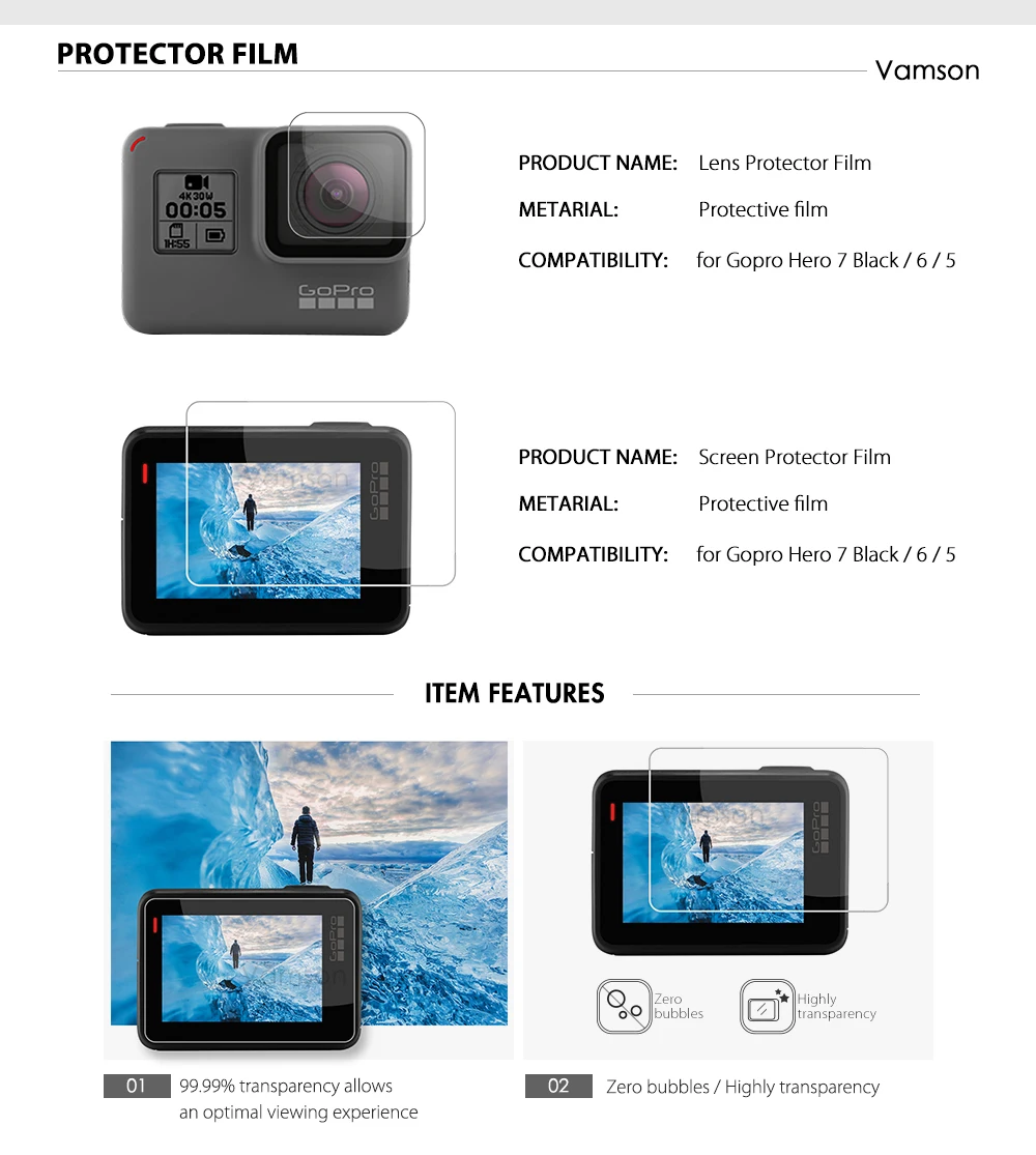 Vamson для Gopro Hero 7 Black 6 5 защитный чехол для объектива аксессуары Защитная крышка черная для Gopro Hero 5 камера VP709