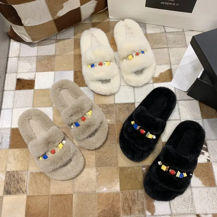 Fujin/меховые шлепанцы для женщин Домашняя обувь Меховые тапочки Плюшевые сандалии
