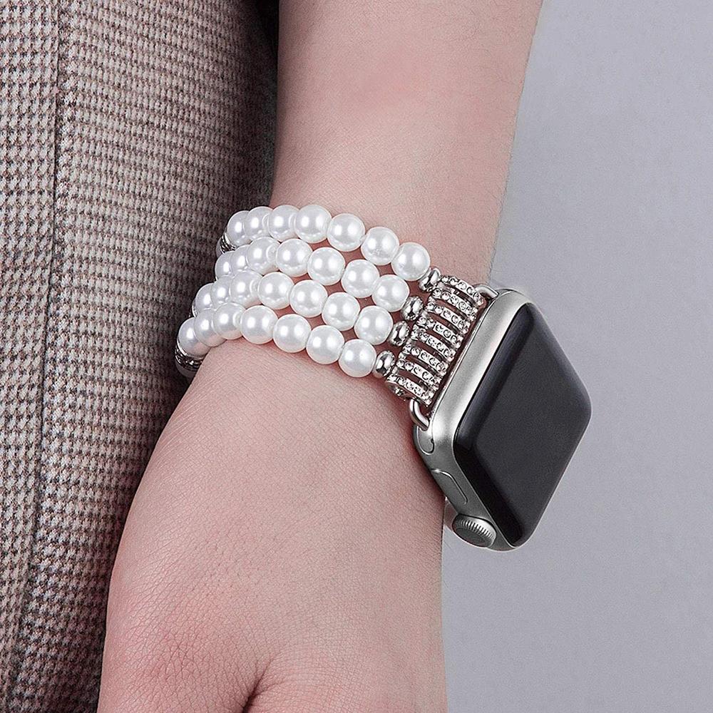 

White Dressy Watchband for Apple Watch 44mm 45mm Women Jewelry Bracelet for iWatch Bands 7 SE 6 5 Beaded Strap 40mm 41mm Luxury