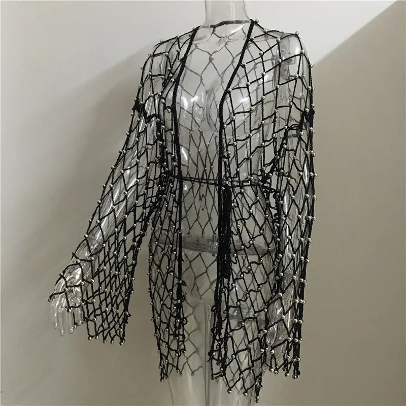AKYZO Женская однотонная трикотажная сетчатая блуза с длинным рукавом Boho свободная Большой размер открытая блузка с шалью размера плюс Летний Пляжный Длинный топ