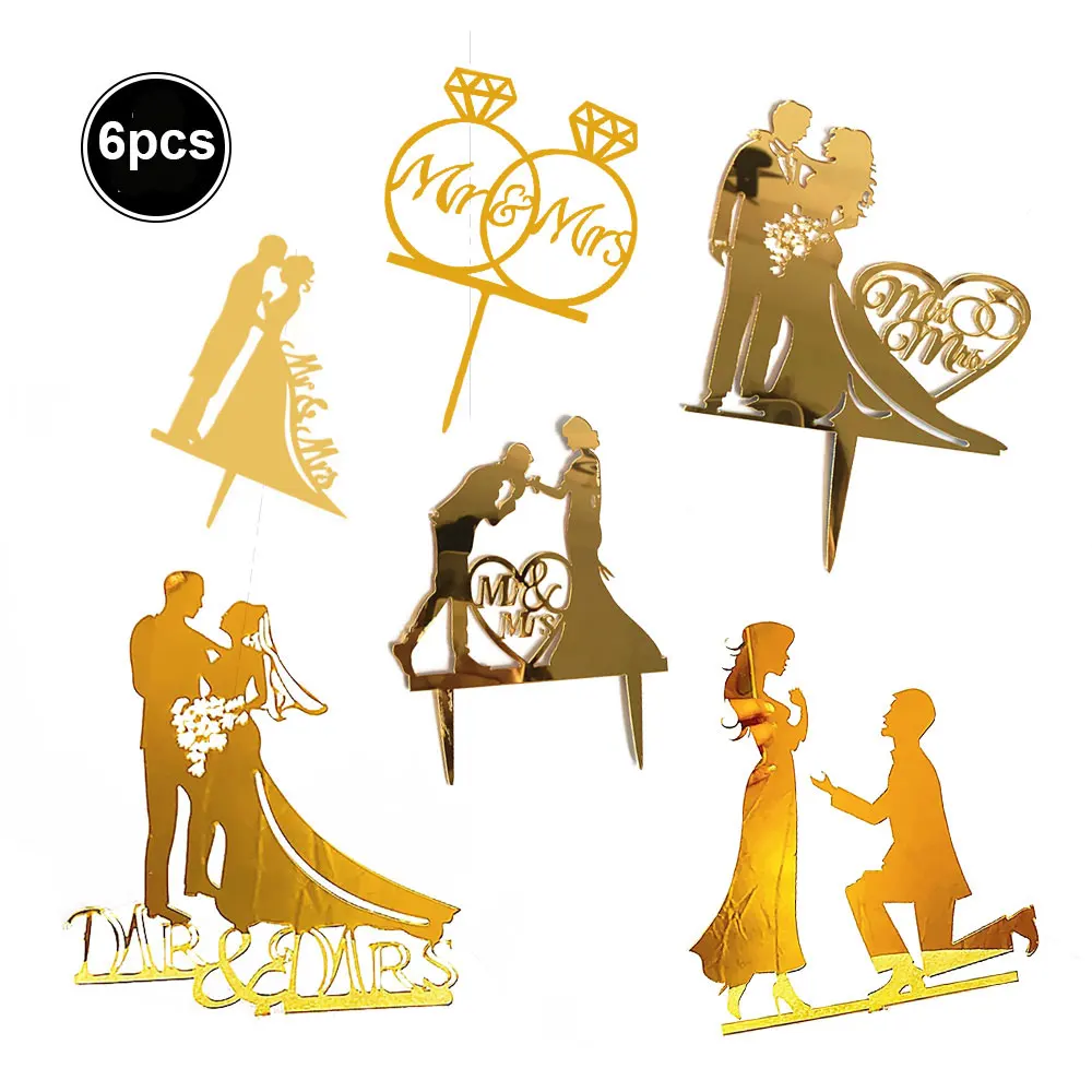 6pcs/lot Acrylic Mr and Mrs Cake Topper Wedding Party Supplies Gold Black Decorations Bride And Groom Decors | Дом и сад