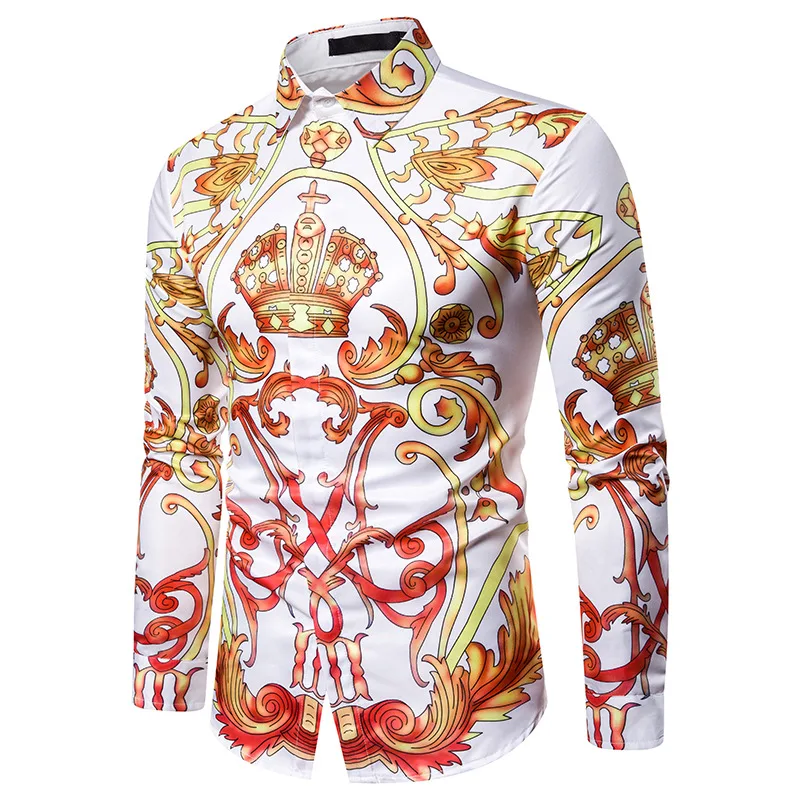 Luxury Royal Mens Shirts Casual Slim Fit Cross Gemstone Printed Long Sleeve Slim Fit Chemise Homme Men Prom Party Tuxedo Shirt