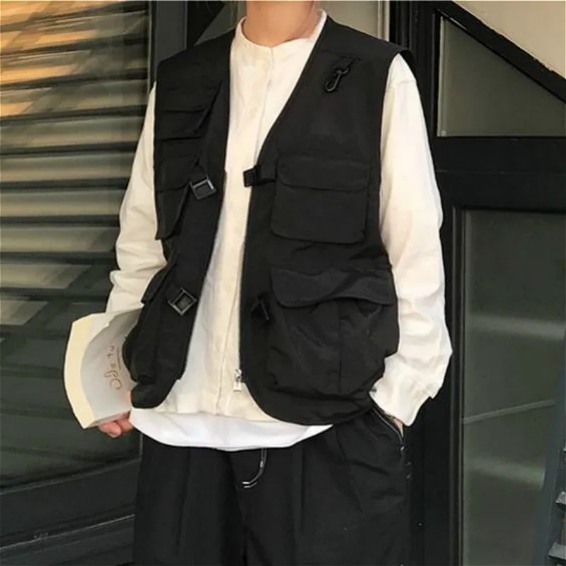 

Vests Women Japan Style Harajuku Pockets Design Cargo Chic Teens Sleeveless Jacket Street College Unisex Summer Ladies Outwear