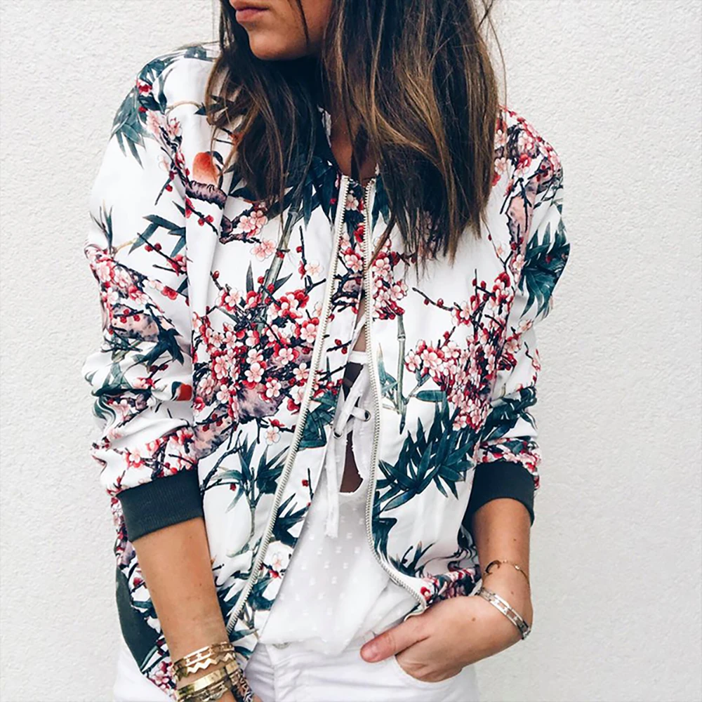 

Autumn Print Long Sleeve Jacket Women Coat 2021 Fashion Casual Stand Collar Zipper Floral Slim Fit Vintage Harajuku Women Jacket