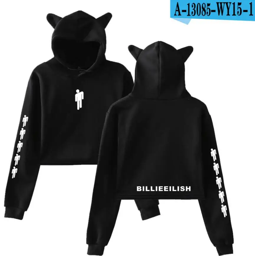 Kpop Billie Eilish Женская толстовка укороченный топ с кошачьими ушками и капюшоном мягкая Толстовка Harajuku зимние женские толстовки открытые Большие размеры 4XL
