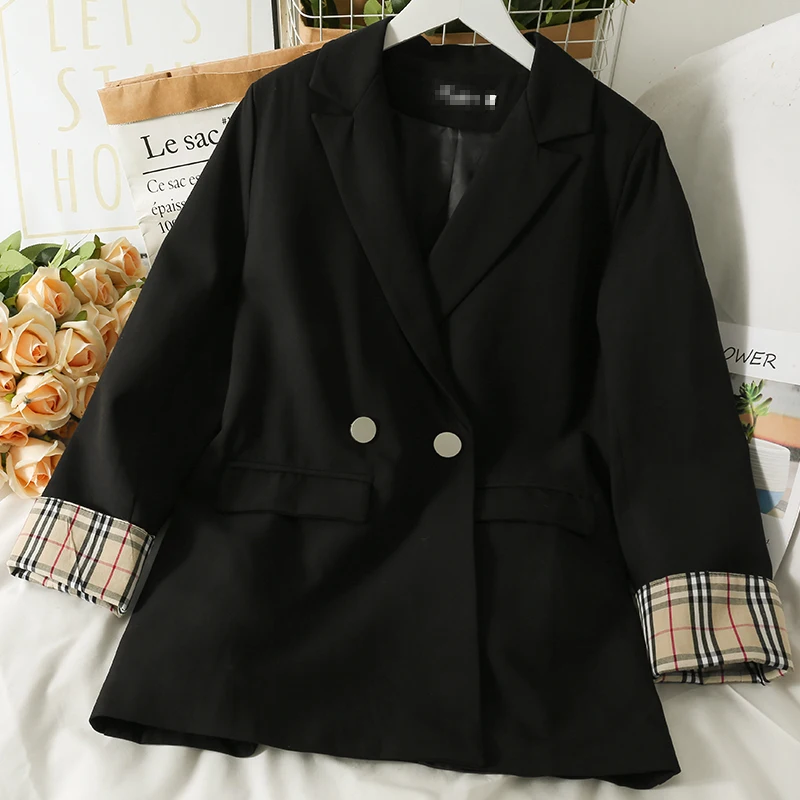 

2021 New Color Contrast Patchwork Plaid Long Sleeve Two-Button Suit Women's Autumn Clothing Loose Slimming Mid-Length Coat