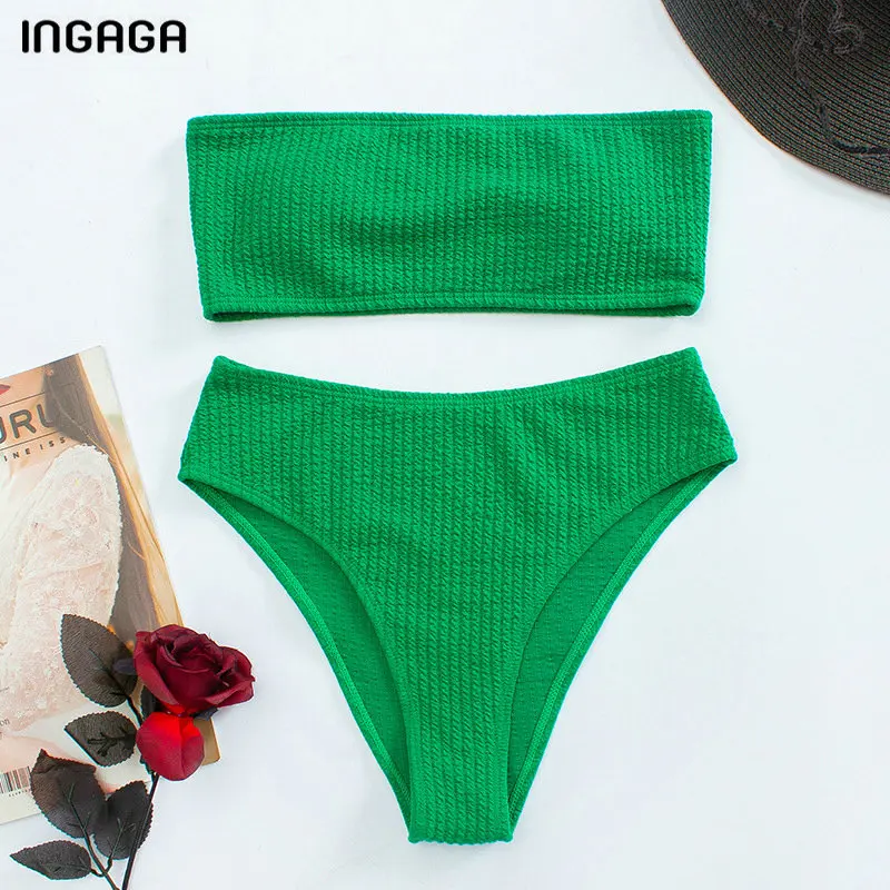 

INGAGA Sexy Ribbed Bikinis Bandeau Women's Swimsuit 2021 High Waist Swimwear Solid Bathing Suits Push Up Beachwear Women's Suits