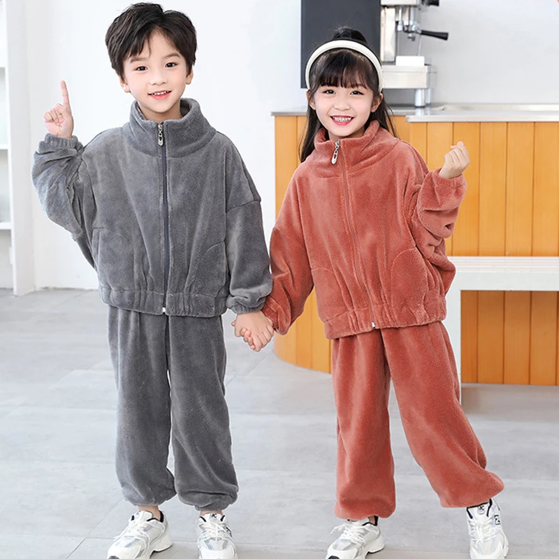

Детская одежда осенне-зимний фланелевый теплый комплект одежды для мальчиков, пальто на молнии из кораллового флиса, штаны Повседневный Сп...
