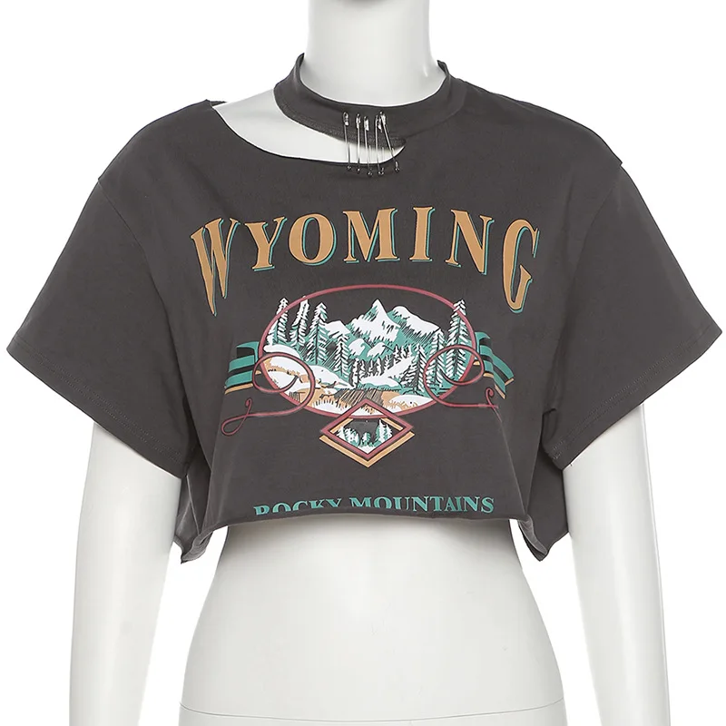 

T-Shirt Solid Color Street Letter Print Splicing Loose Cotton Crew Neck Navel Irregular Bare T-Shirt Tank Top High Street