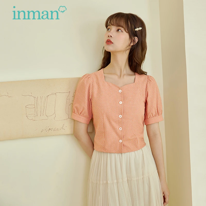 INMAN Summer Women's Blouse Elegant Sweet Retro Style Peach Heart Collar Pleated Waist Plaid Stripe Buttons Female Top